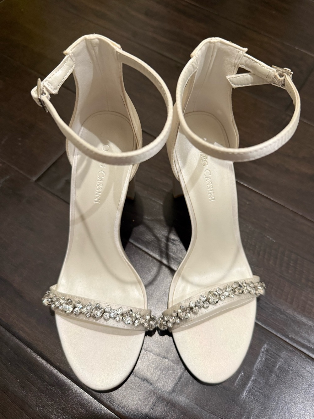 Oleg Cassini Ivory Crystal-Embellished Ankle-Strap Heels